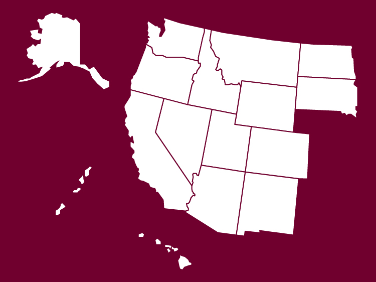 white map of participating western undergraduate exchange states on maroon background
