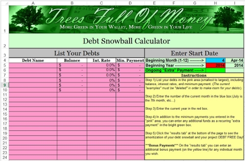 Screen Shot of Excel file for Debt Snowball Calculator