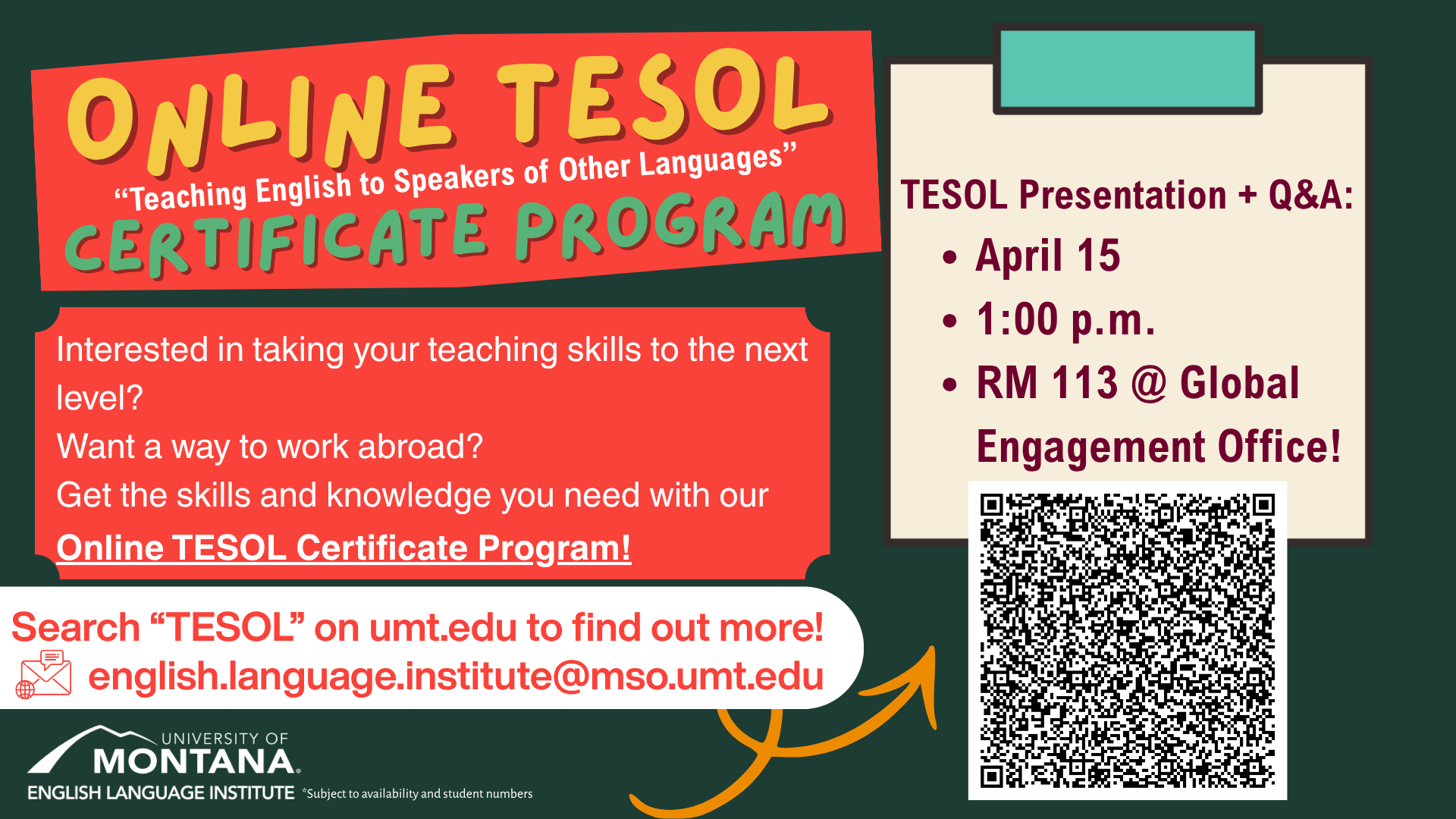 A colorful image advertizing a presentation on the program on april 15th @ 1:00 pm at the International Center on the UM campus