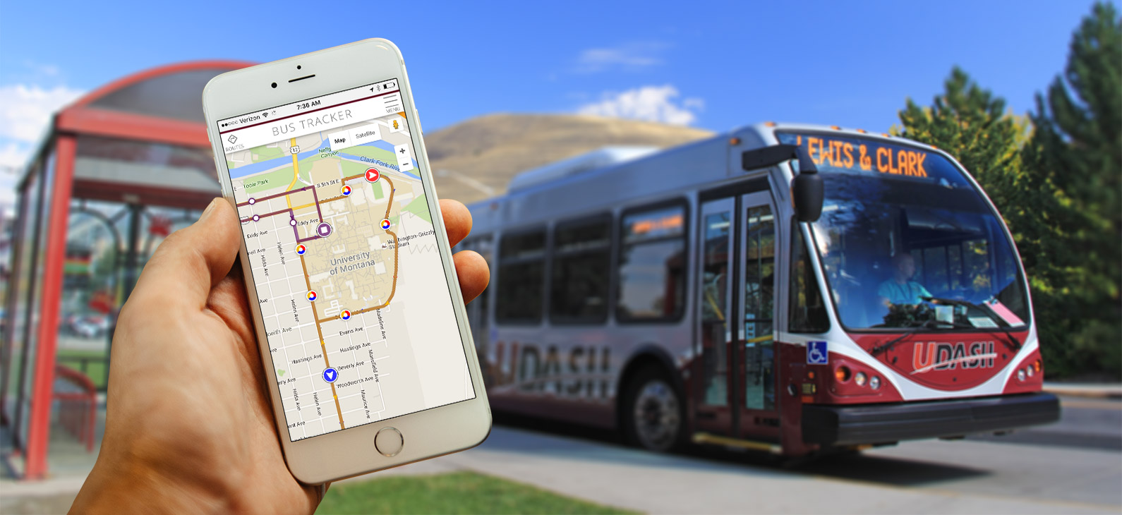 UDash bus with bus schedule on smart phone