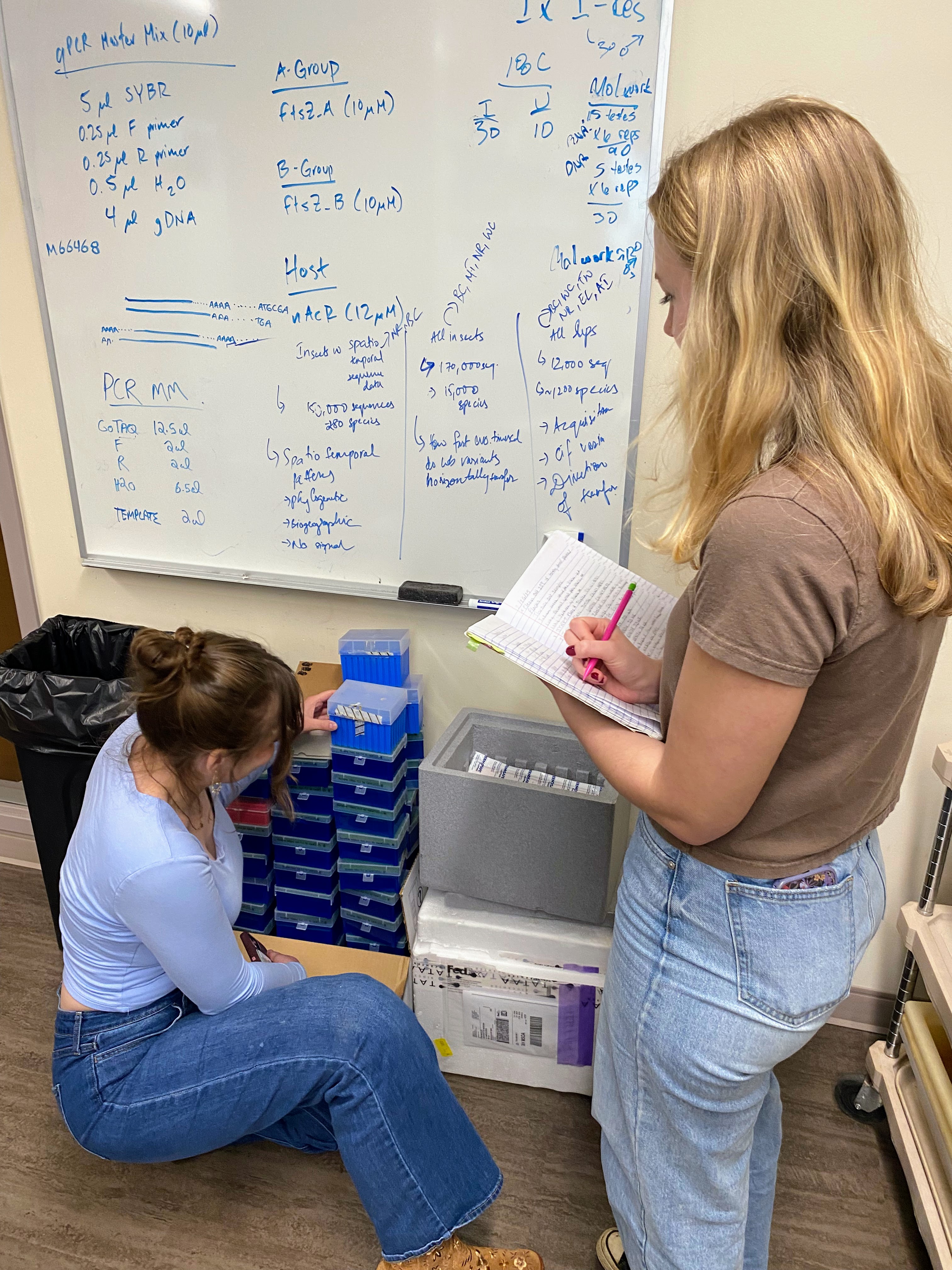 two students assess the waste in a lab on campus