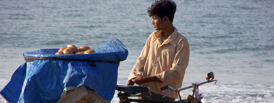 A young man sits on a laden delivery bicycle gazing out at a turquoise sea. 