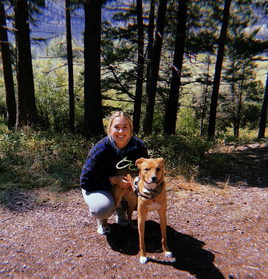 Smiling woman kneeling down with a dog, trees in the background