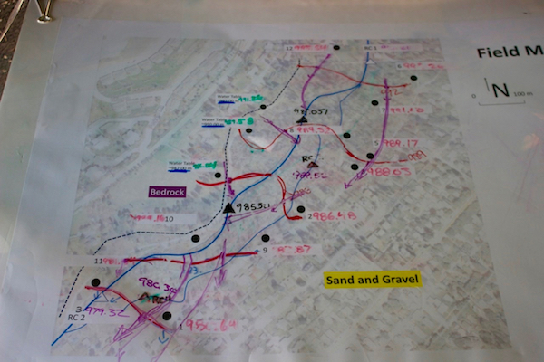 Photo of student collected groundwater elevation data with interpolated contour lines.