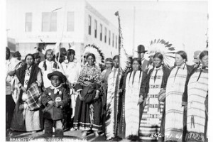 black and with picture of a group of native american people