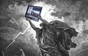 man in robe holds book up to stormy sky