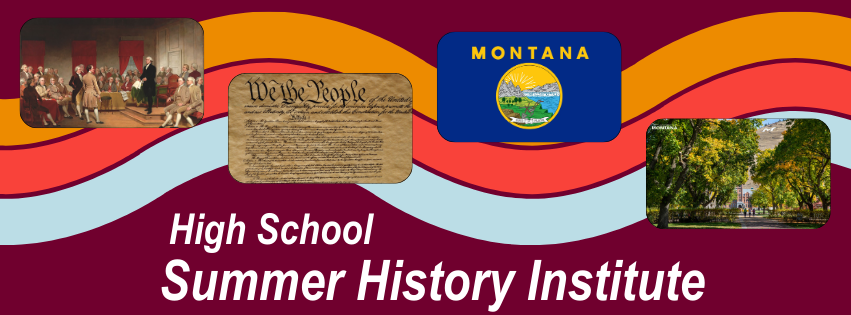 4 pictures - painting of constitutional convention, preamble, Montana flag, campus in summer.