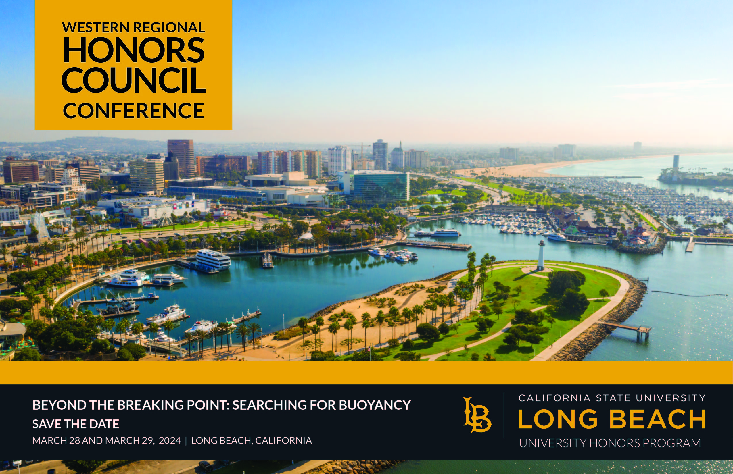 Postcard of Long Beach, CA with March 28th and 29th 2024 dates for Western Regional Honors Council Conference 