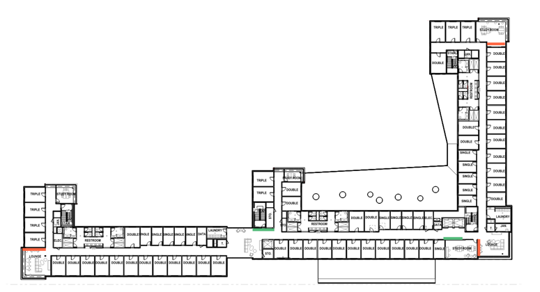 Black-and-white floor plan of a long, L-shaped building showing labeled rooms, restrooms, and laundry areas.