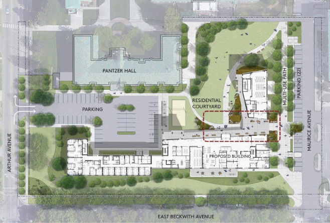 Site plan showing Glacier Hall's location next to Pantzer Hall, and a new residential courtyard, with surrounding parking areas, paths, and trees along Arthur, Beckwith, and Maurice Avenues.