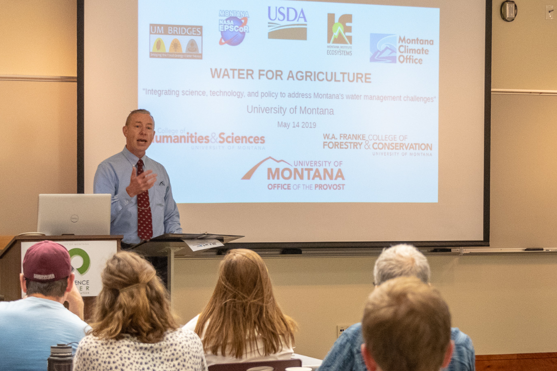 Dr. Jon Harbor, Executive Vice President and Provost for the University of Montana, provides his opening remarks at the 2019 Water for Agriculture Symposium