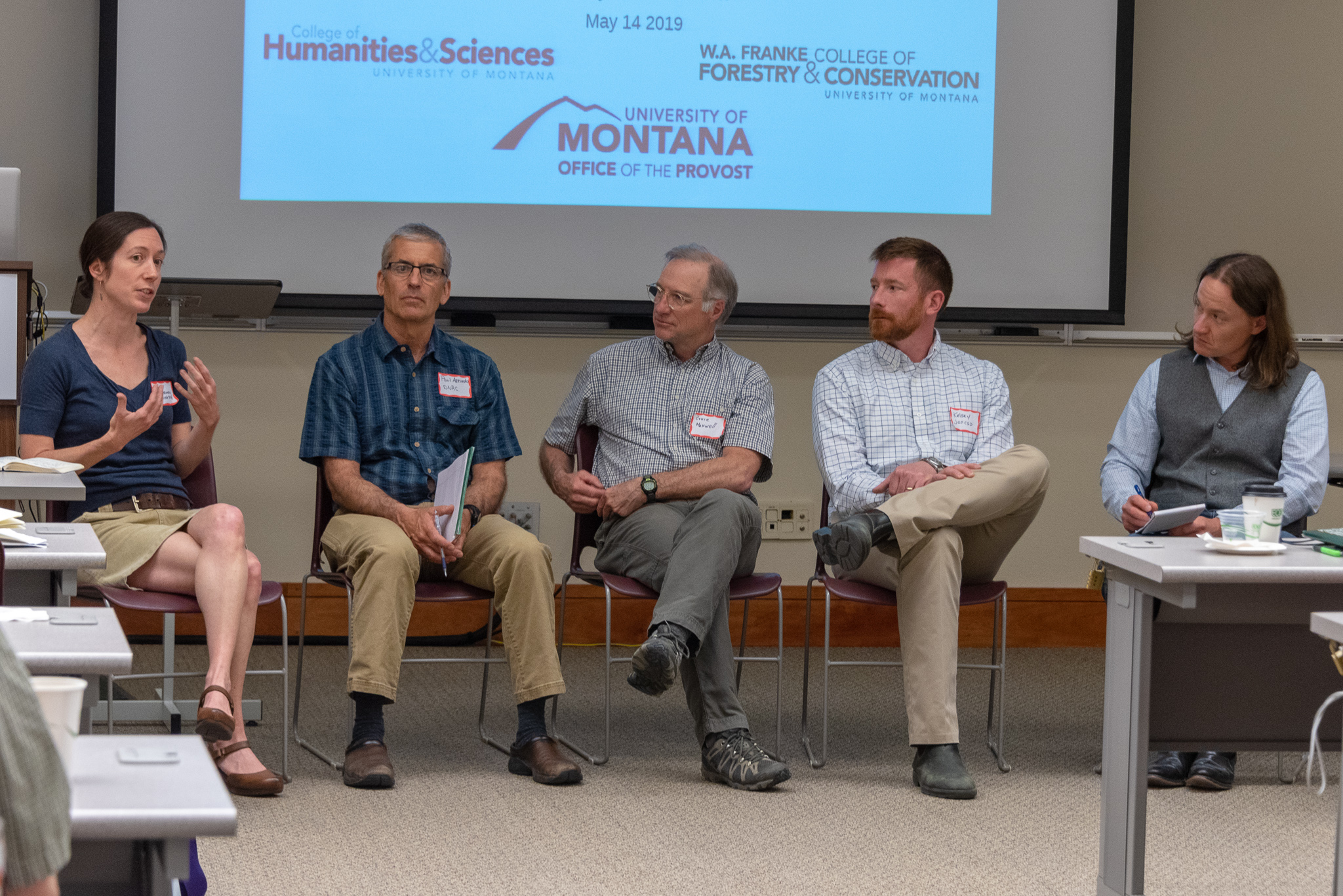 Panel addresses some of the challenges facing agriculture and water use. (Panel from left to right: Kelly Cobourn; Paul Azevedo; Bruce Maxwell, Kelsey Jesco, Brian Chaffin)