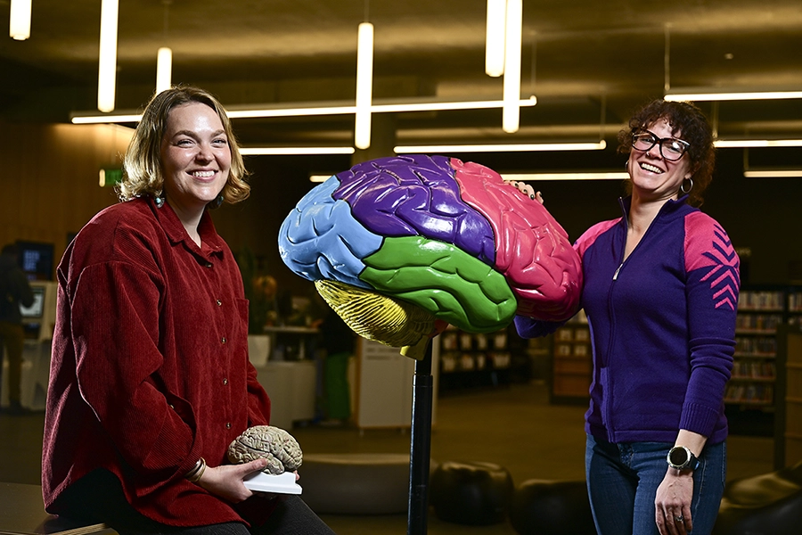 Two female scientists stand on the side of model brain 