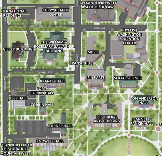 An image of a digital map showcasing campus buildings 
