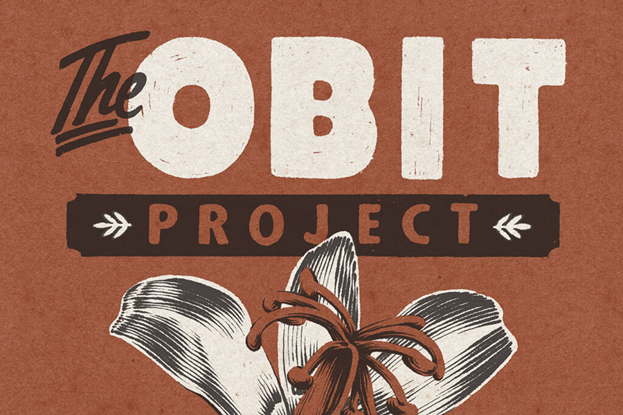A graphic that features an iris flower and the words "The Obit Project"