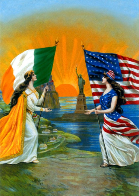 Illustration of two women holding Irish and U.S. flags facing each other across a body of water, with the Statue of Liberty and a glowing sunrise in the background.
