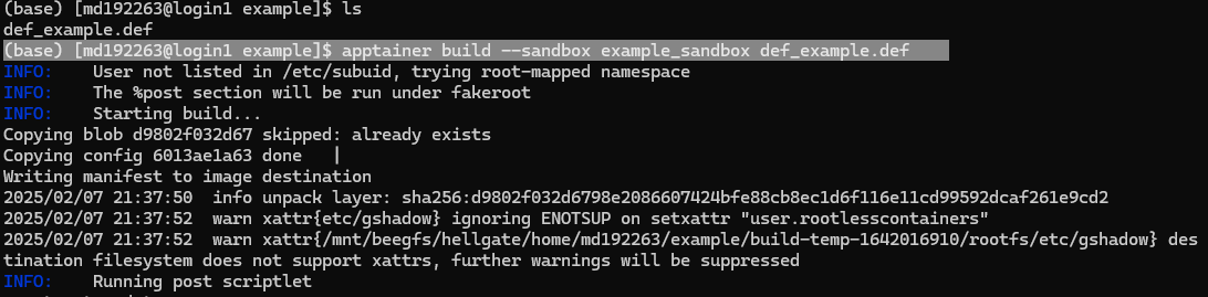 Terminal output showing a user executing commands related to building a project, including copying and unpacking files associated with a Docker image.