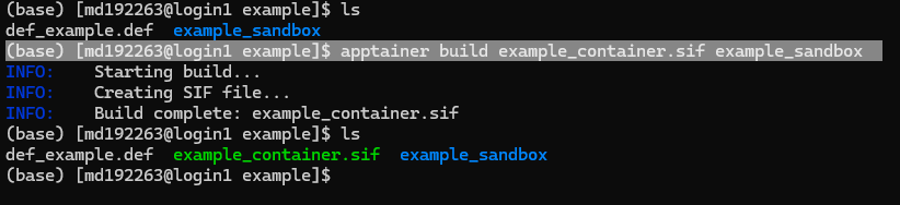 Screenshot of a terminal window displaying commands and output related to building a container image named "example_container.sif" in a directory called "example_sandbox."
