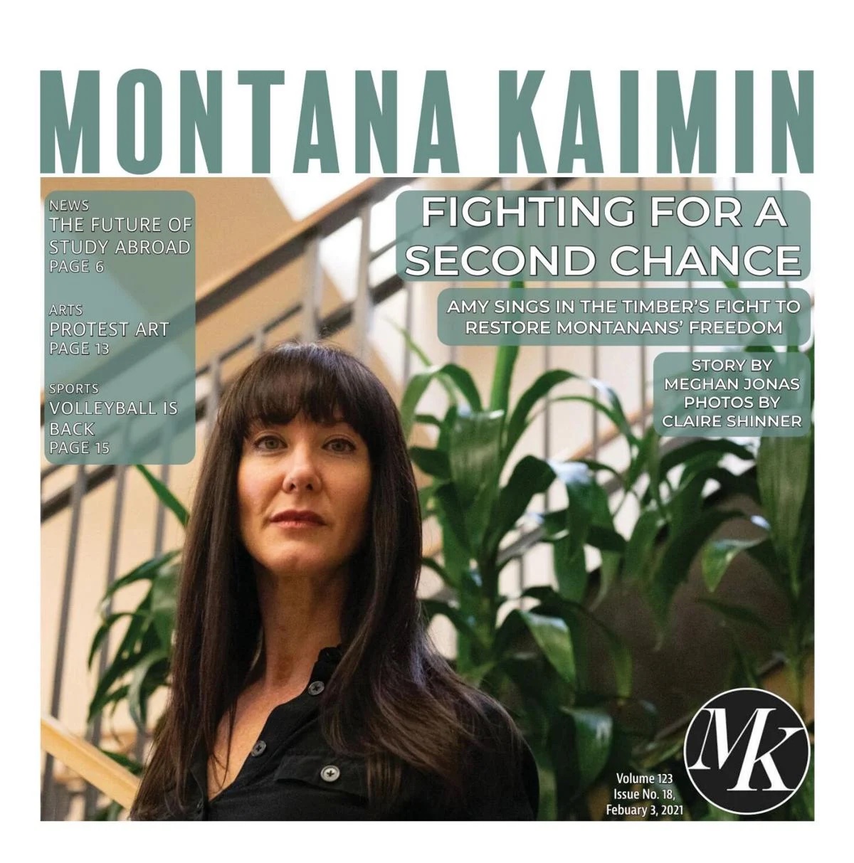 Cover of a 2021 issue of the Montana Kaimn. Woman with dark hair looks at camera