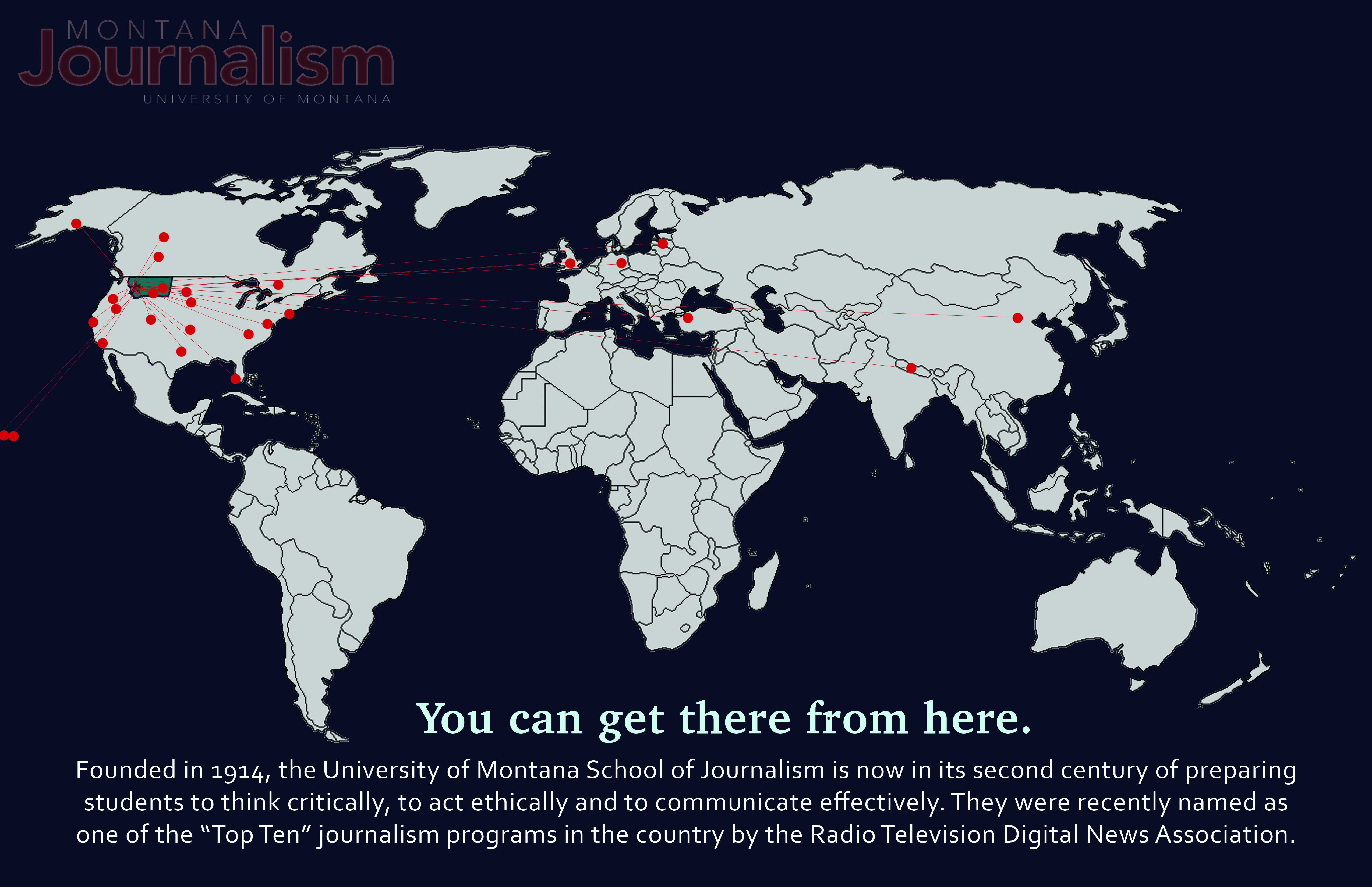 map showing location of J-school alums across the globe