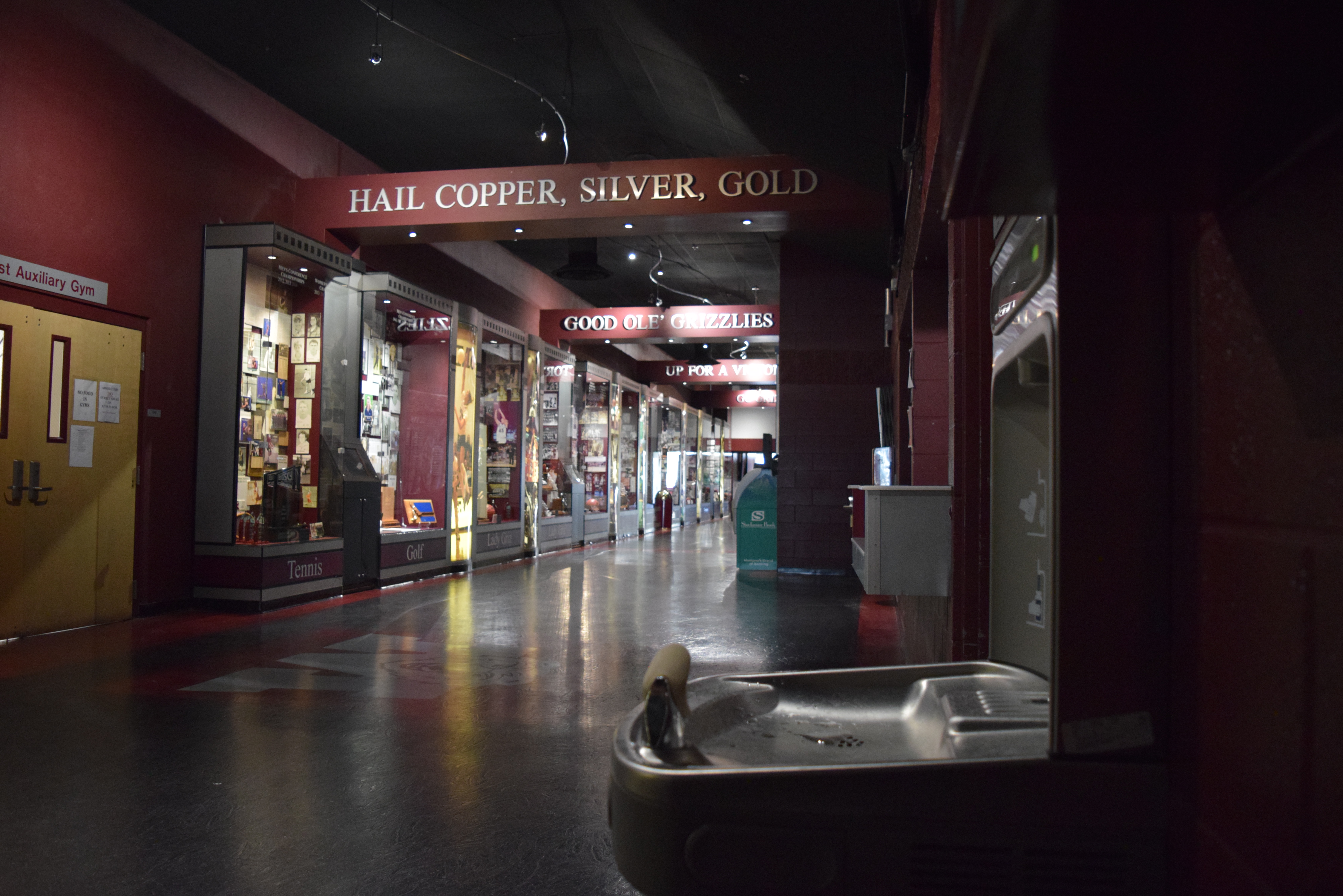 School hallway lined with trophy display cases and hanging banners, with a water fountain in the foreground.