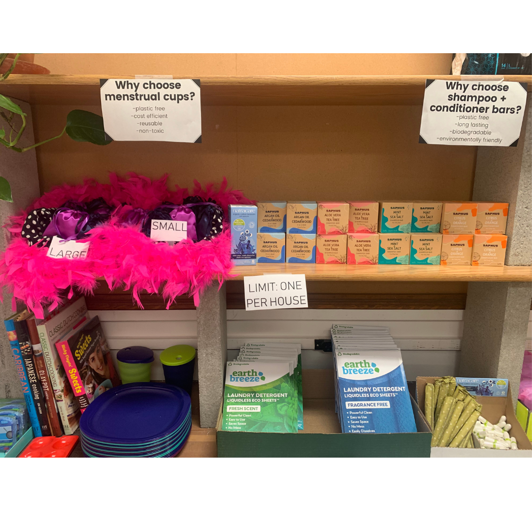 shelf in UM food pantry with sustainable care products