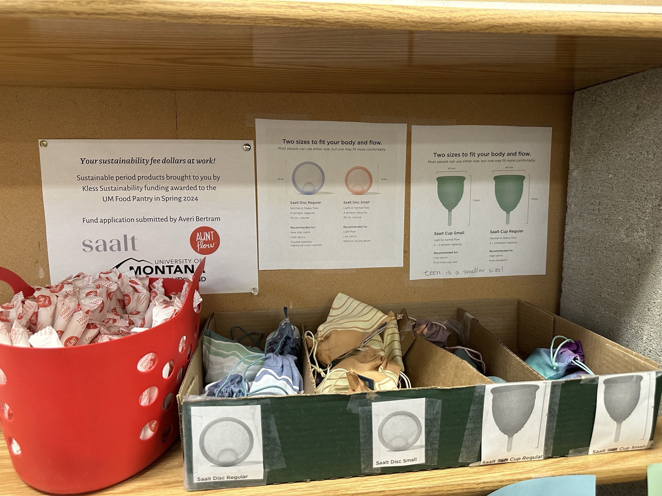 three bins of sustainable menstrual products in the UM food pantry