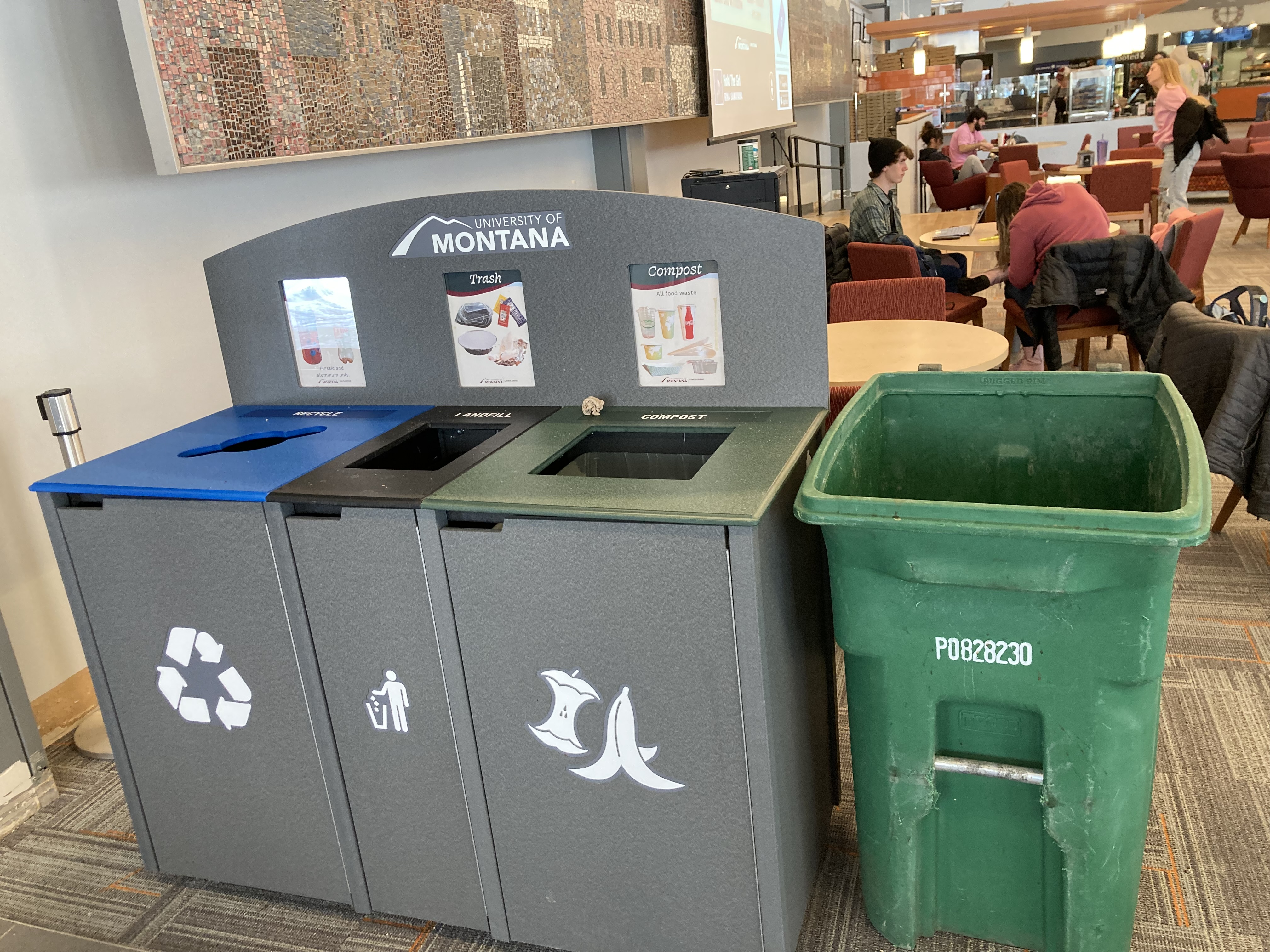 bins for composting and different waste streams sit in rise and rooted cafe