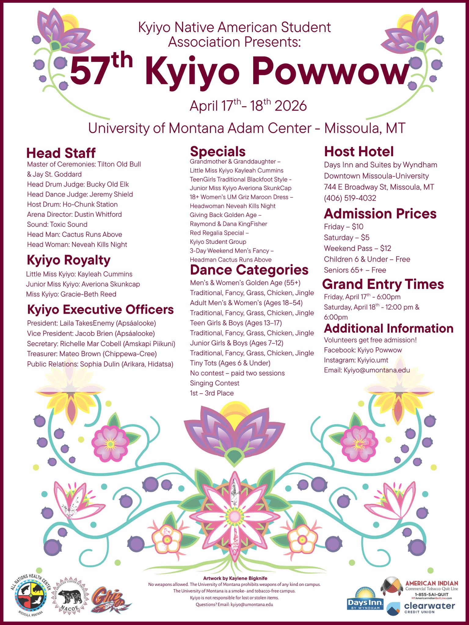 Flyer for the 57th Kyiiyo Powwow, April 17–18, 2026 at the University of Montana Adam Center in Missoula, Montana, with event details, admission prices, and grand entry times.