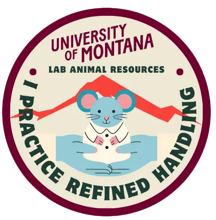 University of Montana Lab Animal Resources logo featuring a cartoon mouse held gently by hands, promoting refined handling practices.