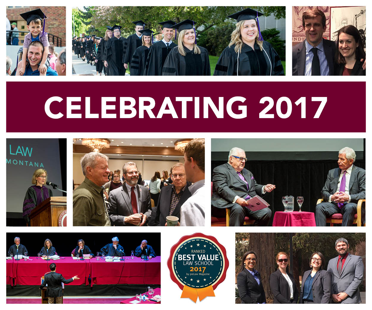 Collage of photos from Blewett School of Law events, including graduation ceremony and students posing