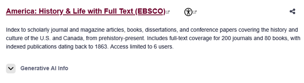An example of how a database with AI appears in the A-Z Database guide.