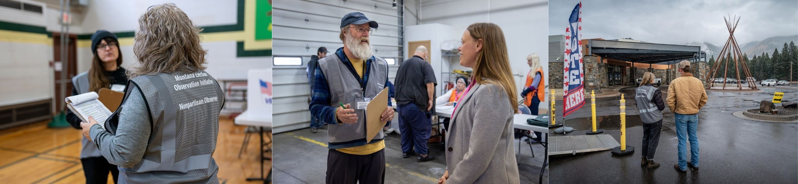 Three photos of volunteer election observers holding clipboards and talking with election judges.