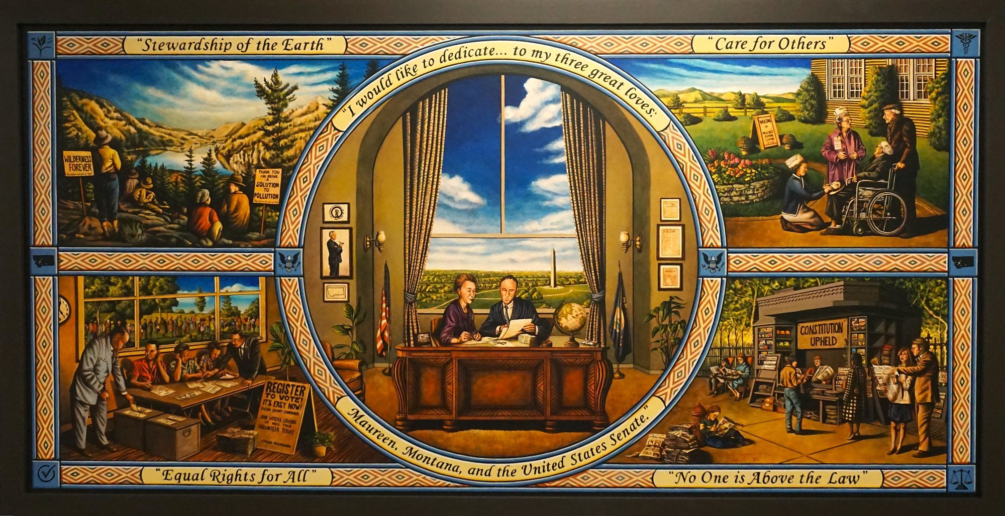 This is the second painting depicting life events in Mike Mansfield's life that shaped the man who he was and embodied.