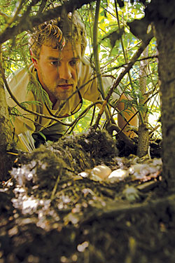 UM graduate student Warren Hansen investigates a hidden harlequin duck nest in Glacier National Park. (Photo by Jeremy Roberts, https://conservationmedia.com)