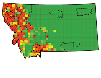 Compiled by the Montana Cooperative Wildlife Research Unit, this image uses occupancy modeling to show wolf populations across Montana. Red indicates high probability of wolf occupancy and green slight probability. Dots indicate locations of known wolf packs.