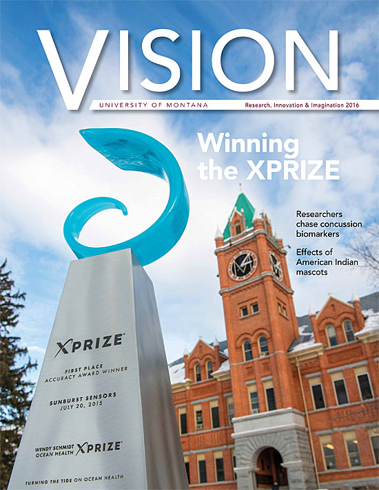 The Wendy Schmidt Ocean Health XPRIZE for accuracy is posed with UM’s Main Hall.