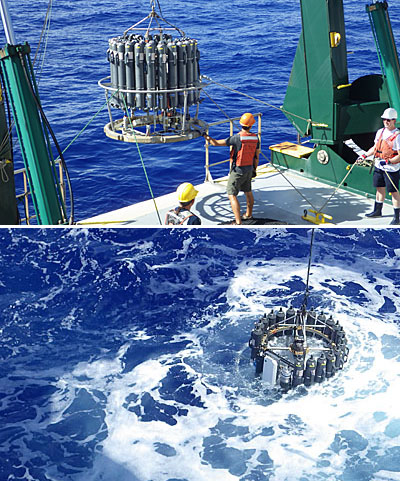 Sea froth surrounds pH sensors being lowered to 3,000 meters off the coast of Hawaii from the deck of the Kilo Moana research vessel. (Photos by Jim Beck)