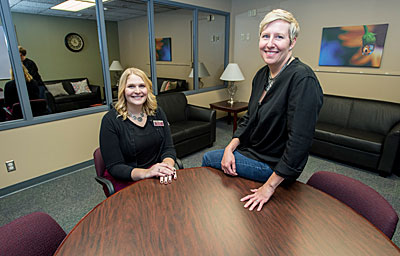 M’s Big Sky Aphasia Program is run by Jenna Griffin (left) and Catherine Off in the DeWit RiteCare Speech, Language and Hearing Clinic in the basement of the Curry Health Center.