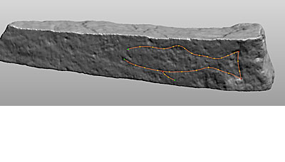 The new 3-D imaging system enabled UM anthropology Professor Anna Prentiss to observe a pecked fish image on what appears to be a piece of semi-decomposed slate or siltstone. The piece is approximately 1,150 years old.