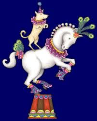 illustration of a dog standing on a horses back that is standing on a platform both in circus costumes
