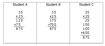 diagram showing that students a,b, and c solved the problem 35 times 25 in three increasingly logn ways