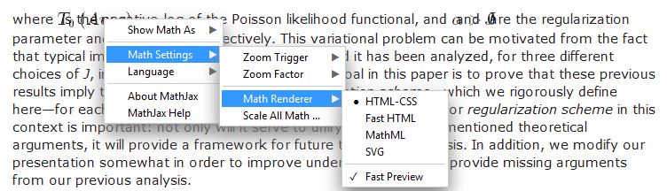 Screenshot showing how to change the mathjax output format