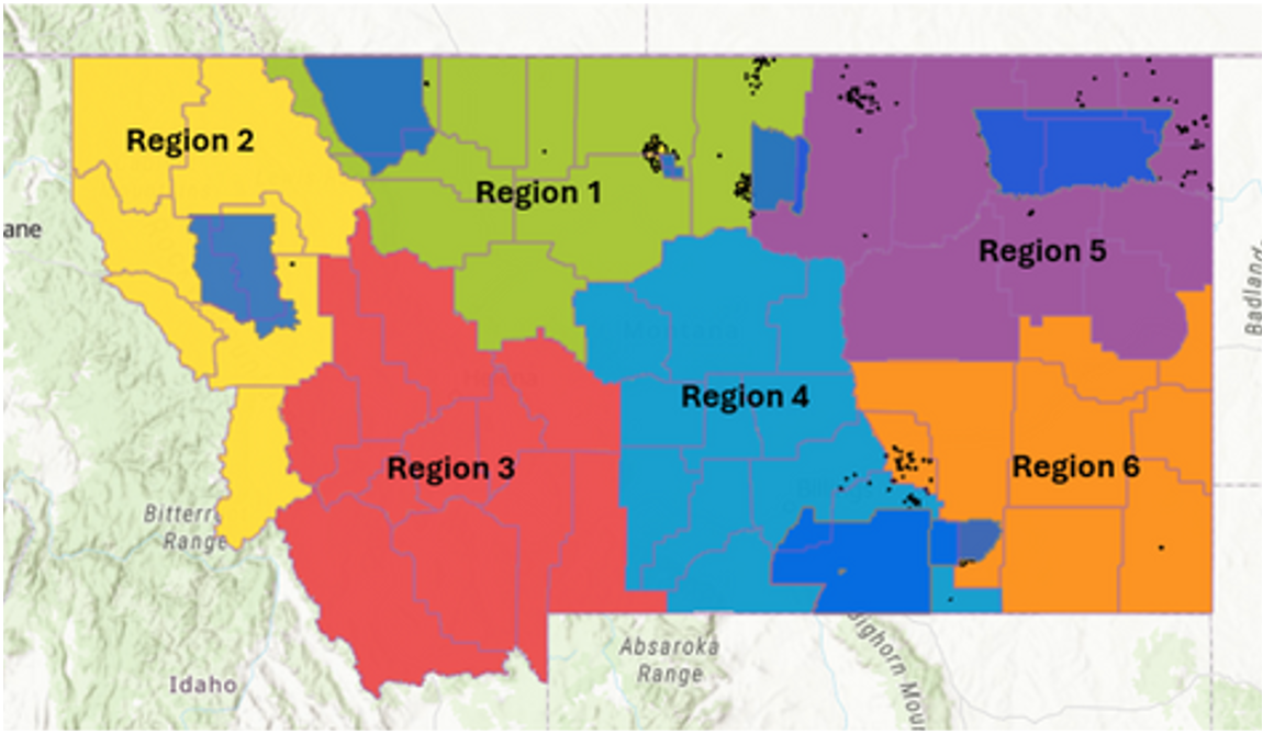 A picture of Montana divided into six regions. 