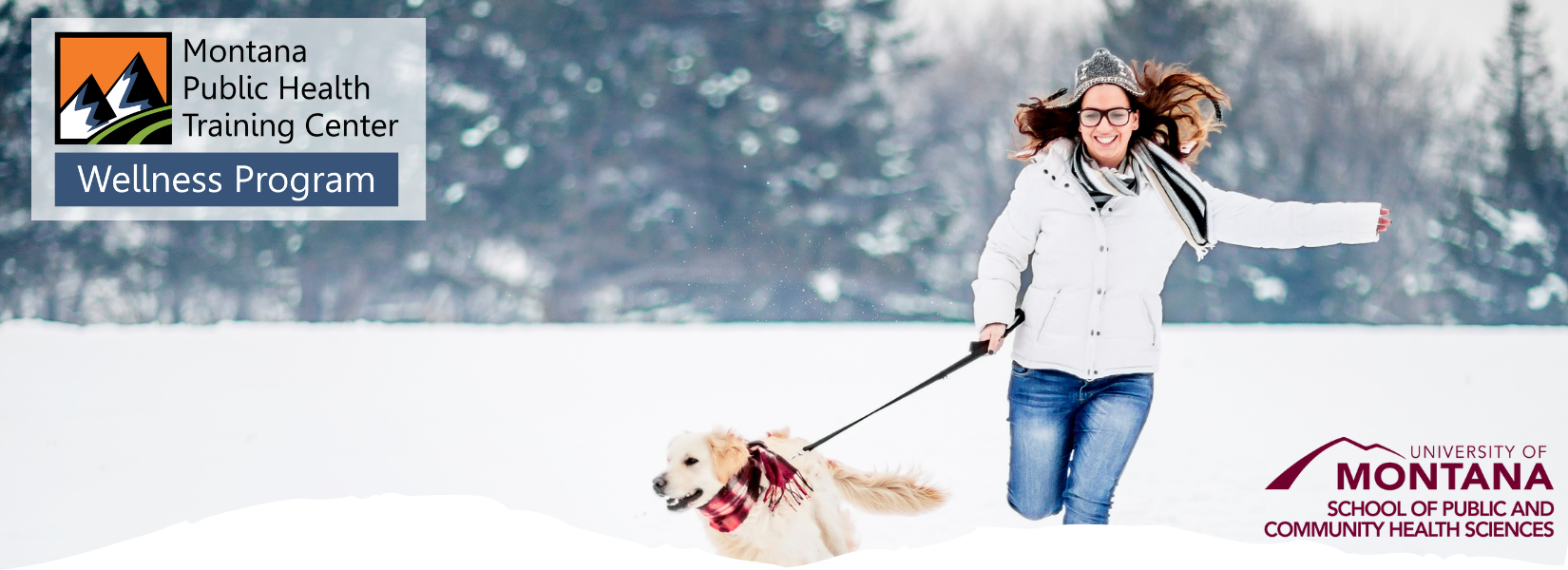 Photo of smiling woman running through snow with a dog. MPHTC and SPCHS logos are visible.