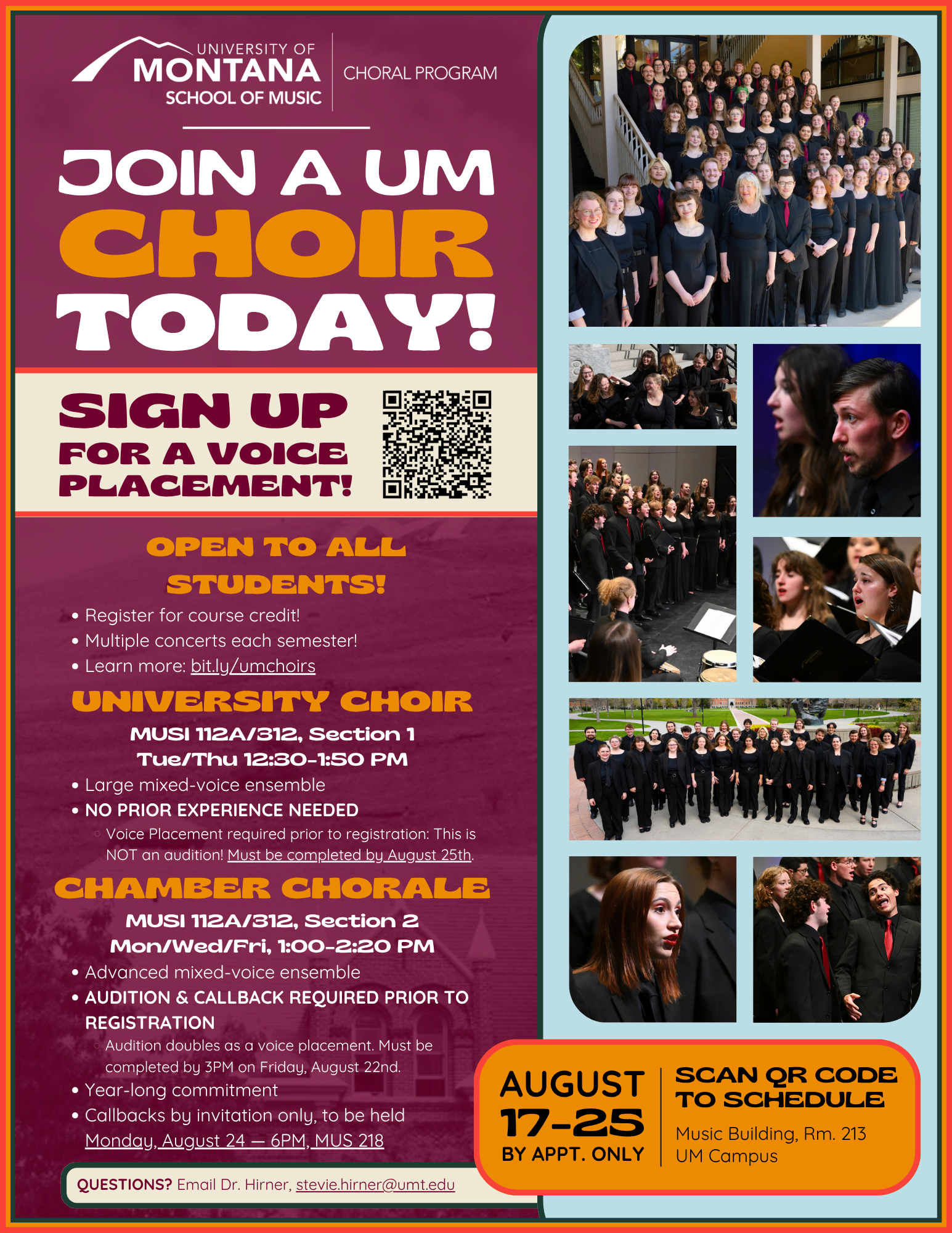 Promotional image to join a UM choir. Includes a QR code to the registration form and a summary of the written information found on this website.