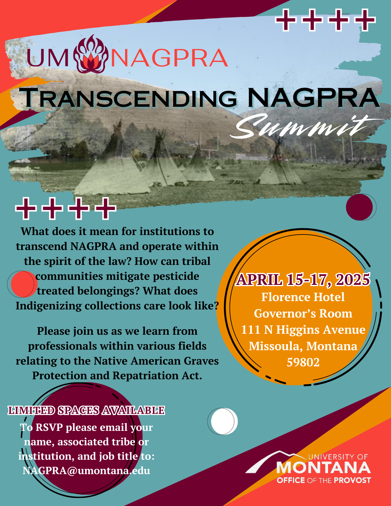 Poster for the Transcending NAGPRA Summit, featuring event details and dates, aimed at discussing Indigenous collections and NAGPRA-related issues.