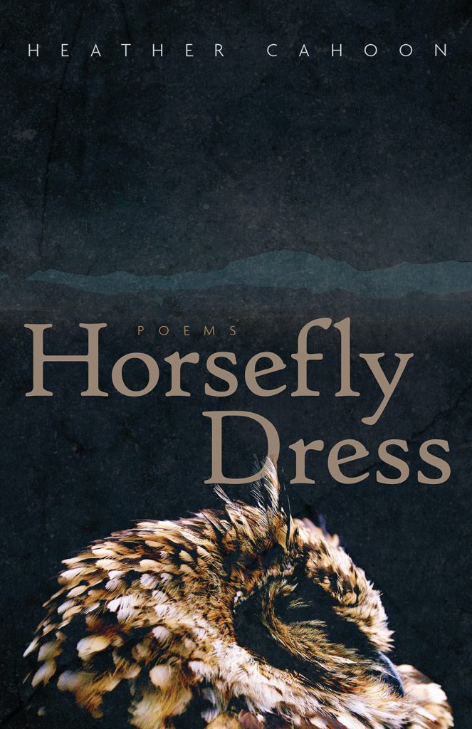 A bird with mostly brown feathers bends their head back against a dark background. "Poems Horsefly Dress by Heather Cahoon"