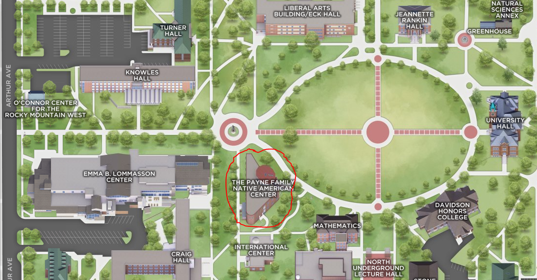 map of UM with native american center circled in red