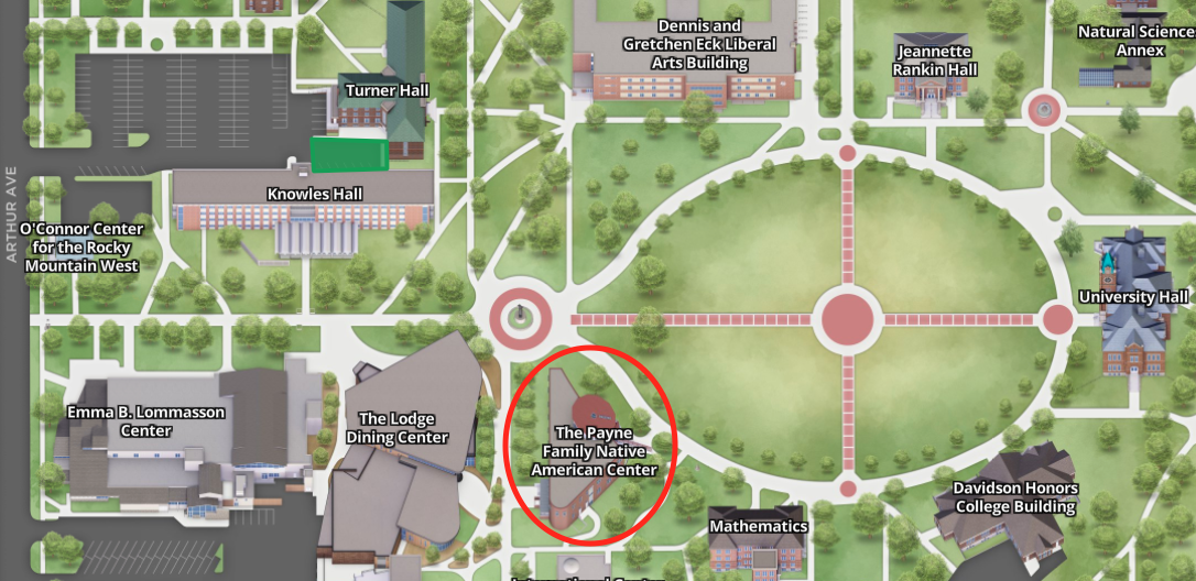 Map of campus with the Payne Family Native American Center building circled in red.